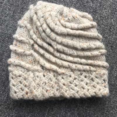 Womens Woollen Beige Beanie Hat with Swirl Pattern 