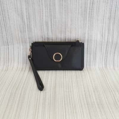Colorado Classy /Black Leather with Gold Tone Circle Ring Front Detail /Wristlet /Wallet/ Purse 