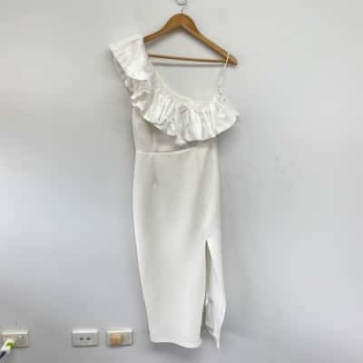 CHANCERY White One Shoulder Bodycon Midi Dress Size 12 