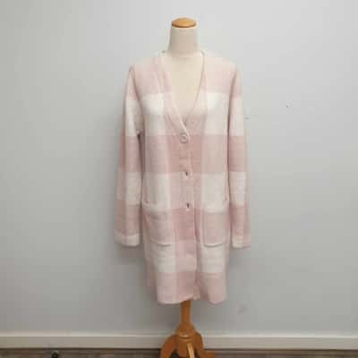 Just Jeans Super Cute /Pale Pink Check /Long Line/ Jacket /Button Front /Wool Blend /Cardigan Size 14 - Brand New with Tags - RRP $99.95 