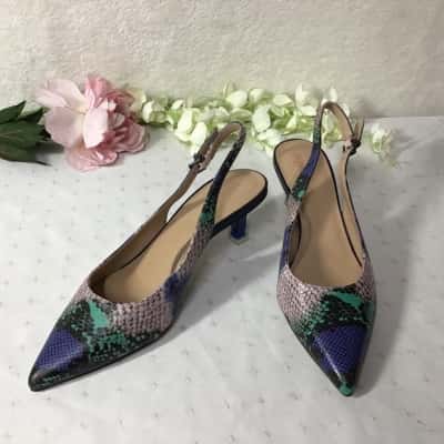 Mimco Womens Size 40 Black / Blue / Green / Pink Pattern Leather Pointed Toe Low Heel Sandals 