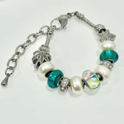 Silver Charm/ Bead Bracelet- green/Pearl/Silver Colours