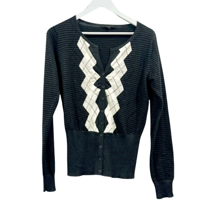 Cue Knit Wool Blend Button Up Cardigan Blac / grey pinstripe Size L