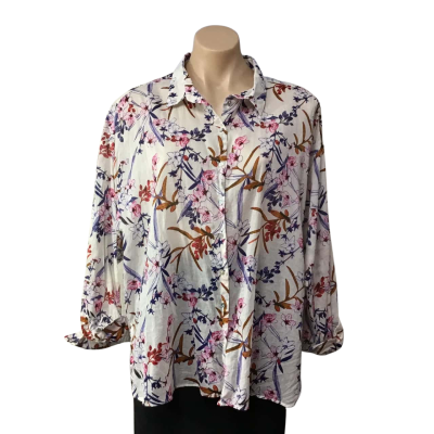 H&M Womens Size 12 White / Pink / Blue / Brown Floral 3/4 Sleeve Shirt