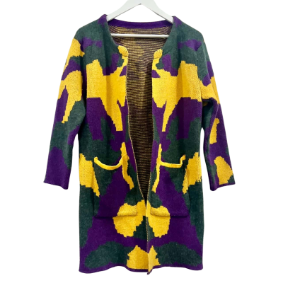 Funky Long Cardigan 2 Front  Pockets Yellow/ grey/ Purple Size M