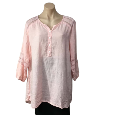 Blue Illusion Womens Size 3L Pink 100% Linen / Lace Trim Long Sleeve Top