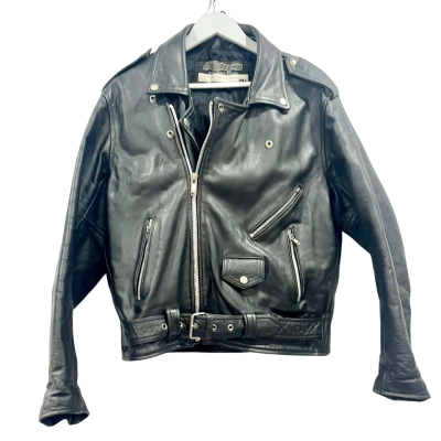 R Jays Black Leather Jacket zip up/ Belt Size 44 