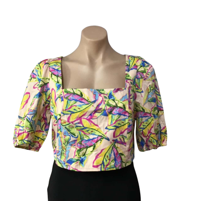 Rachel Roy Womens Size M Multicoloured Pattern Square Neck Short Sleeve Cropped Top 